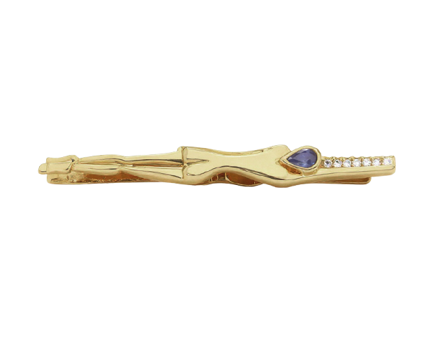 18KT GOLD TIEPIN SET WITH 01 BLUE SAPPHIRE AND 07 DIAMNONDS 
